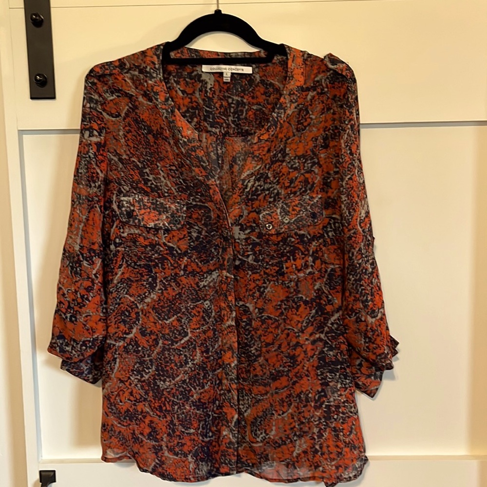 Collective Concepts Blue Orange semi Sheer Blouse Size Large